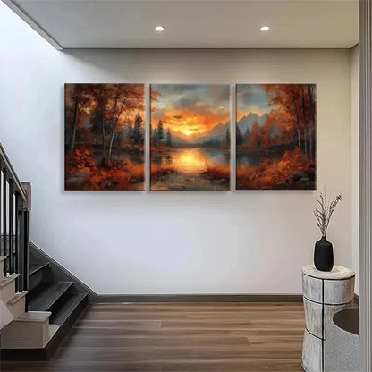 3pcs Sunset Lake Autumn Forest Orange Perfect Wall Art Set Canvas Framed 60x90cm - High Quality Print 100% Australian Made Wall Canvas Ready to Hang