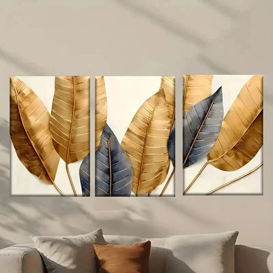 3pcs Three Golden Feathers on a White Wall Art Set Canvas Framed 40x60cm - High Quality Print 100% Australian Made Wall Canvas Ready to Hang