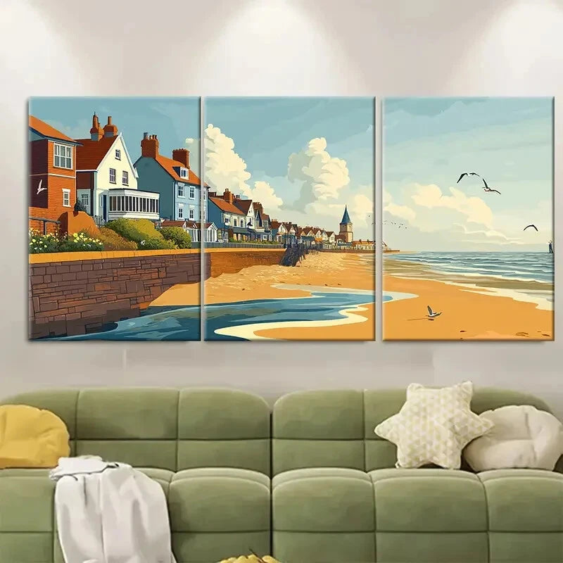 3pcs Vibrant Suffolk Coast Scene with Beach Metal Print Ready to Hang Art