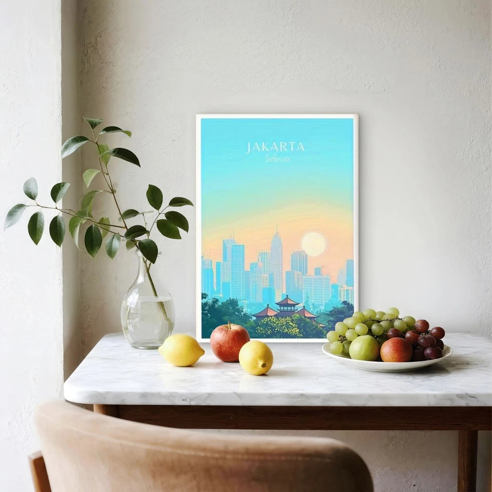 Jakarta Indonesia Vibrant Cityscape with Sunset Travel Poster Print Wall Art