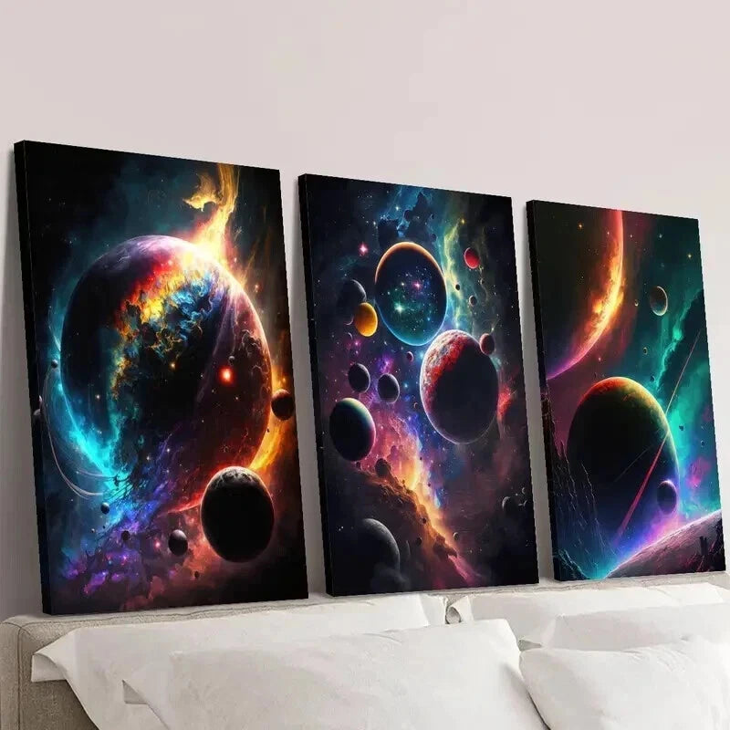 3pcs Colorful Space & Glowing Planets Wall Art Set Canvas Framed 40x60cm - High Quality Print 100% Australian Made Wall Canvas Ready to Hang