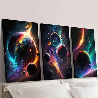 3pcs Colorful Space & Glowing Planets Wall Art Set Canvas Framed 40x60cm - High Quality Print 100% Australian Made Wall Canvas Ready to Hang