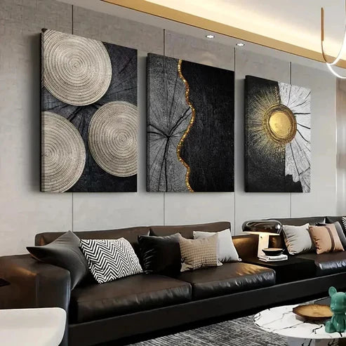 3pcs Black And Golden Color Annual Ring Wall Art Set Canvas Unframed - High Quality Print 100% Australian Made Wall Canvas