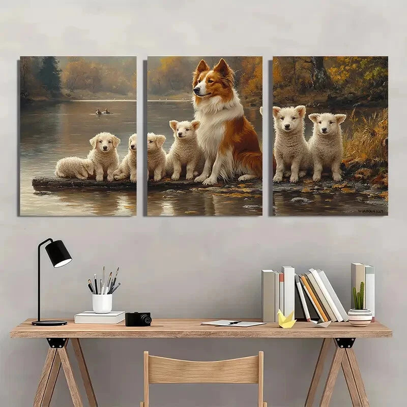 3pcs Collie Dog & Lamb Nature Scenery Metal Print Ready to Hang Art