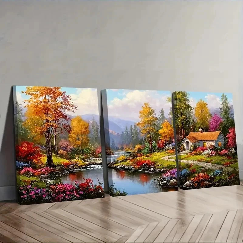 Three-panel canvas print of a colorful landscape with trees, flowers, and a house.