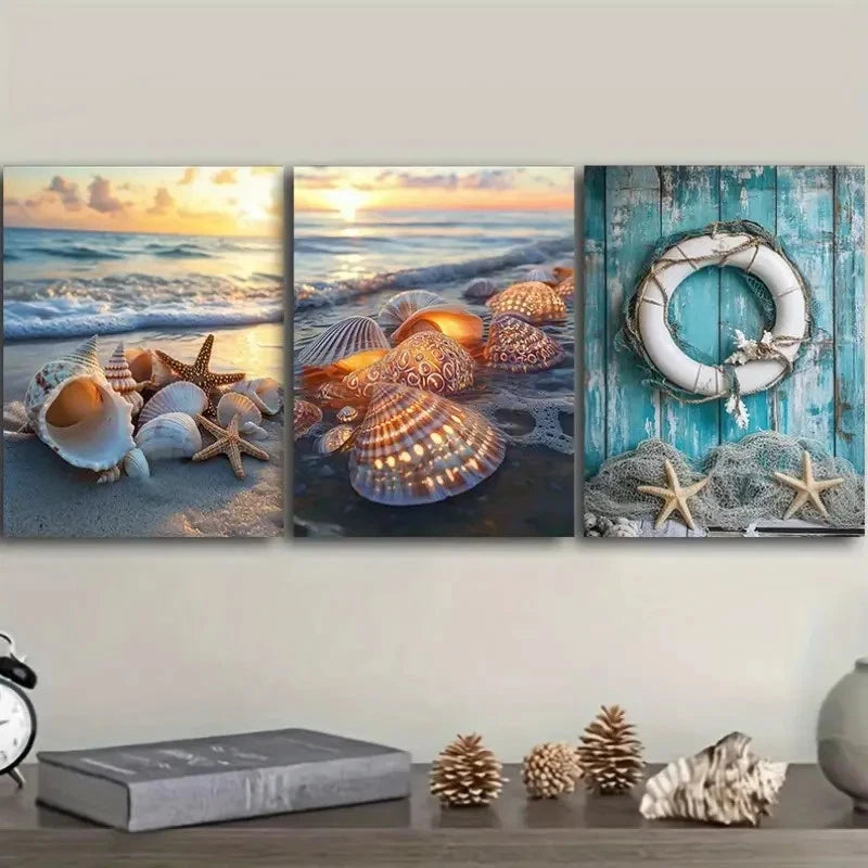 3pcs Beach Shells & Starfish Sandy Beach Scene Wall Art Set Canvas Framed 50x70cm - High Quality Print 100% Australian Made Wall Canvas Ready to Hang