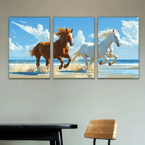 3pcs Two Horses Running on the Beach  Wall Art Set Canvas Unframed - High Quality Print 100% Australian Made Wall Canvas - Bella Home Decor