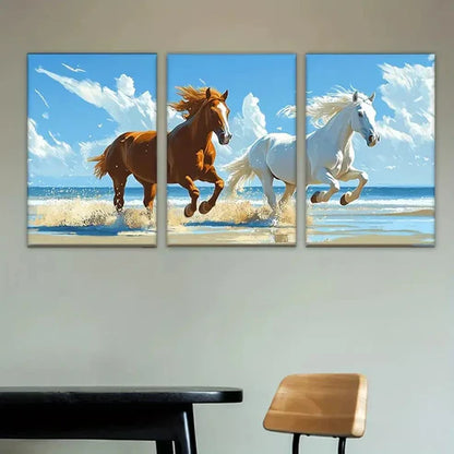3pcs Two Horses Running on the Beach  Wall Art Set Canvas Unframed - High Quality Print 100% Australian Made Wall Canvas - Bella Home Decor
