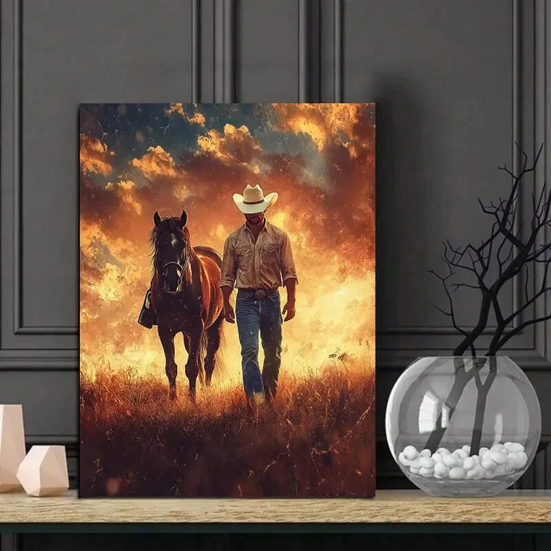 Rustic Cowboy and Horse Vibrant Sunset Scene 40x60cm Metal Print Ready to Hang