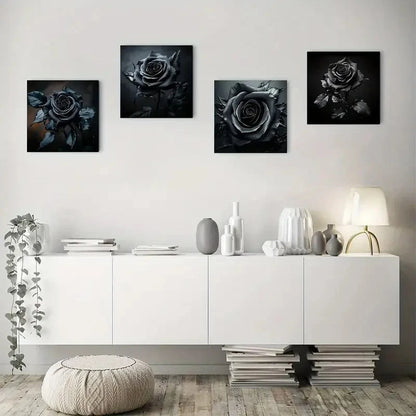 4pcs Elegant Black Rose Wall Art Canvas Framed