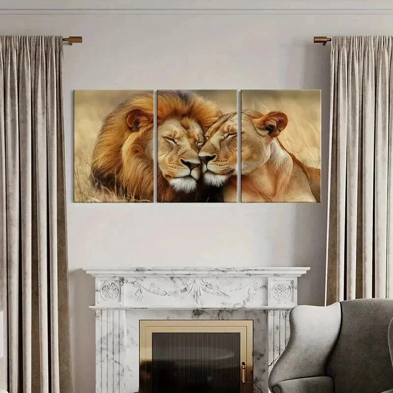 3pcs Lion & Lioness Couple Nature Serenity Wall Art Set Canvas Framed 40x60cm - High Quality Print 100% Australian Made Wall Canvas Ready to Hang