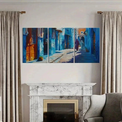 3pcs Vintage Blue Alley Moroccan Architecture Wall Art Set Canvas Framed 40x60cm - High Quality Print 100% Australian Made Wall Canvas Ready to Hang