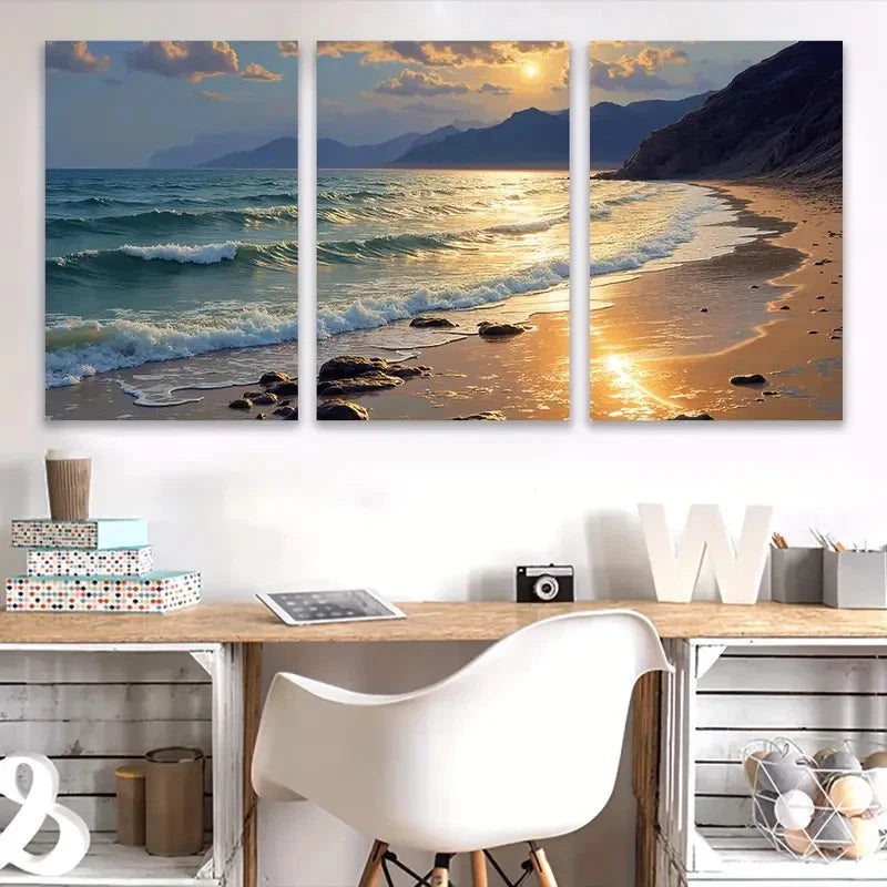 3pcs Golden Sunset Over Ocean Waves Beach Scene Wall Art Set Canvas Framed 50x70cm - High Quality Print 100% Australian Made Wall Canvas Ready to Hang