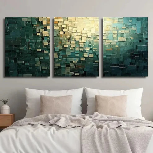 3pcs Abstract Golden & Cyan Decor Wall Art Set Canvas Unframed - High Quality Print 100% Australian Made Wall Canvas