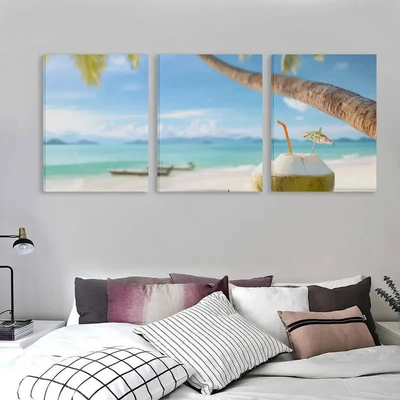 3pcs Turquoise Bay Australia Coconut Drink    Wall Art Set Canvas Framed 60x90cm - High Quality Print 100% Australian Made Wall Canvas Ready to Hang