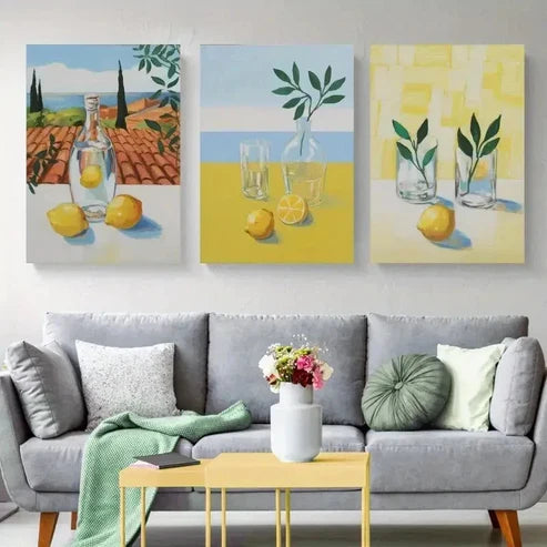 3pcs Lemon, Wine Bottle, Wine Glass Wall Art Set Canvas Unframed - High Quality Print 100% Australian Made Wall Canvas