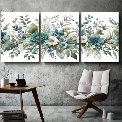 3pcs Vibrant Blue Green Floral Bouquet Wall Art Set Canvas Framed 40x60cm - High Quality Print 100% Australian Made Wall Canvas Ready to Hang