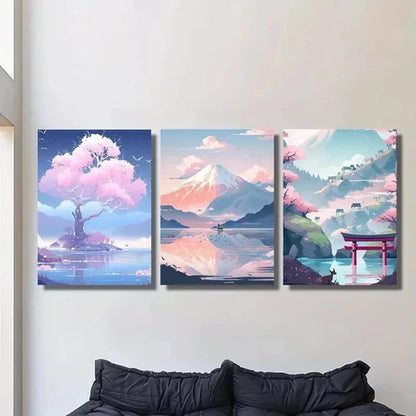 3pcs Pink Trees by the Lake & Mountain Scenery Wall Art Canvas Unframed - High Quality Print 100% Australian Made Wall Canvas