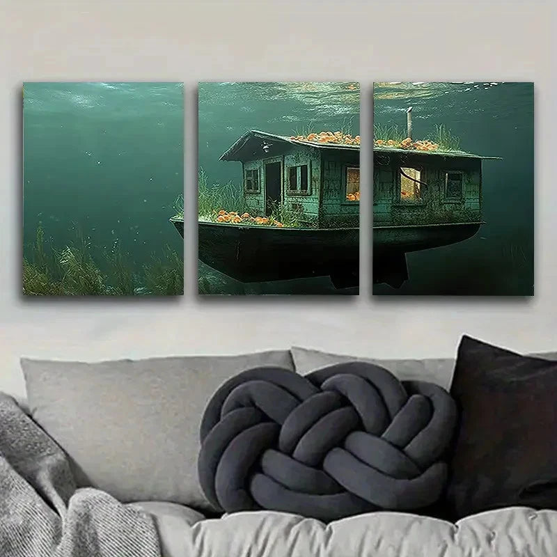 3pcs Submerged Boat with Flowers Wall Art Set Canvas Framed 60x90cm - High Quality Print 100% Australian Made Wall Canvas Ready to Hang