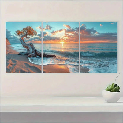 3pcs Tree Trunk on a Sandy Shore with a Calm Ocean Metal Print Ready to Hang Art