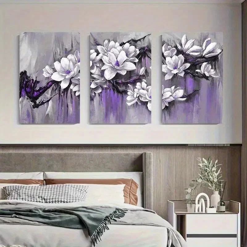 3pcs Purple Magnolia Flowers Blossoms Perfect Wall Art Set Canvas Framed 40x60cm - High Quality Print 100% Australian Made Wall Canvas Ready to Hang