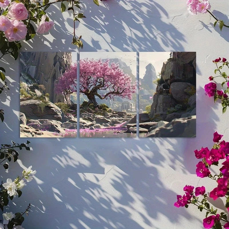 3pcs Serene Pink Tree in Rocky River Scene Metal Print Ready to Hang Art