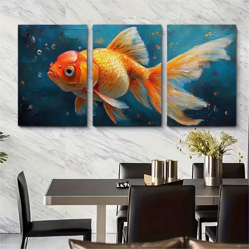 3pcs Goldfish Oil Painting Impasto Fish Art Metal Print Ready to Hang Art