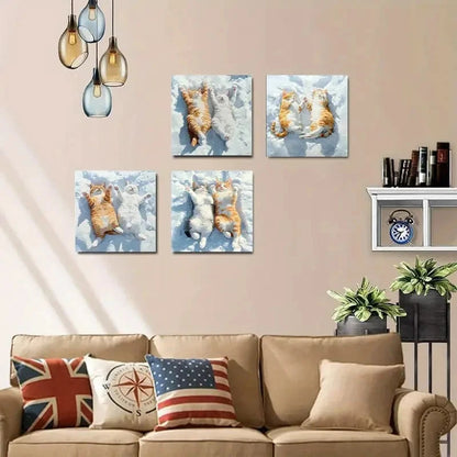 4pcs Cute White Cat In Sunshine, Abstract Wall Art Canvas Framed