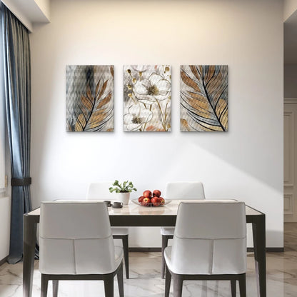 3pcs Modern Abstract White Floral and Feathers Wall Art Set Canvas Framed 50x70cm - High Quality Print 100% Australian Made Wall Canvas Ready to Hang