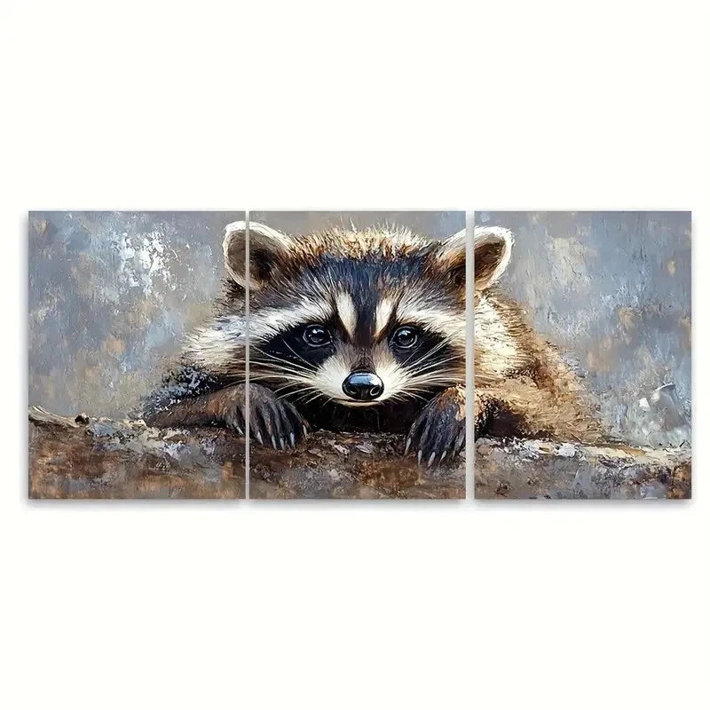 3pcs Raccoon Painting Animal SI  Wall Art Set Canvas Framed 50x70cm - High Quality Print 100% Australian Made Wall Canvas Ready to Hang