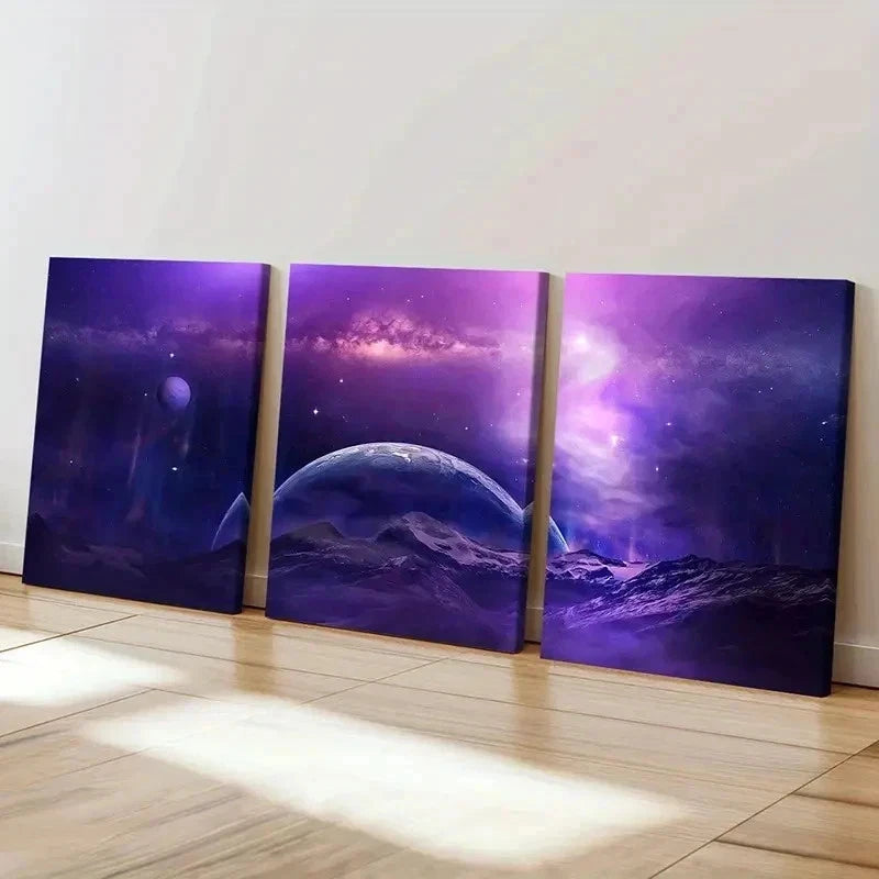 3pcs Space Purple Universe Dream Aesthetic Wall Art Set Canvas Framed 40x60cm - High Quality Print 100% Australian Made Wall Canvas Ready to Hang