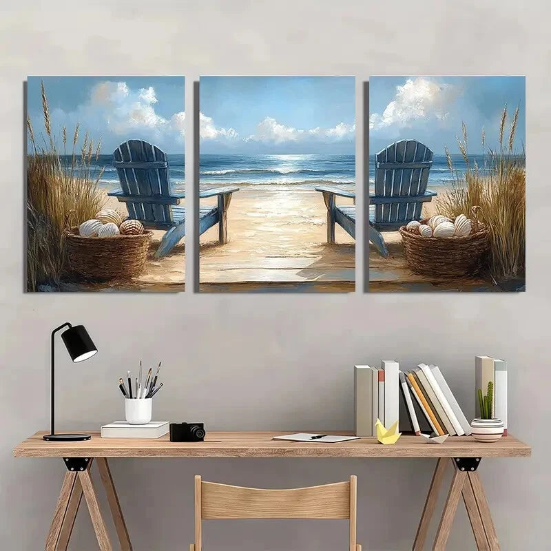 3pcs Beach Scene Chairs & Seashell Basket Metal Print Ready to Hang Art