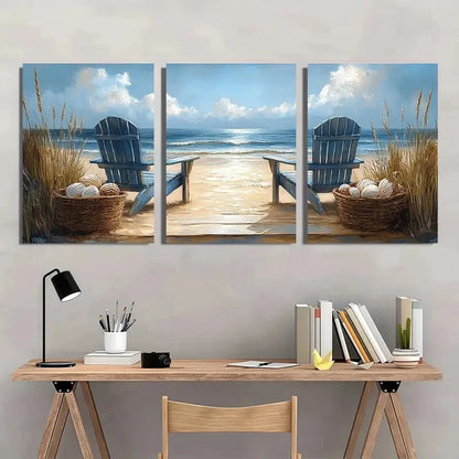 3pcs Beach Scene Chairs & Seashell Basket Metal Print Ready to Hang Art