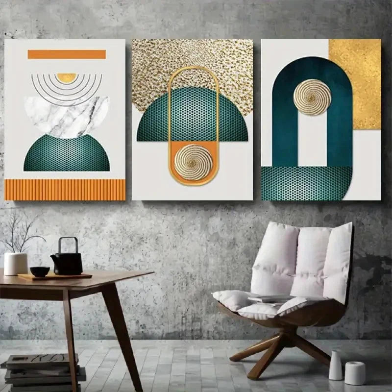 3pcs Minimalist Teal and Golden Wall Art Set Canvas Framed 40x60cm - High Quality Print 100% Australian Made Wall Canvas Ready to Hang