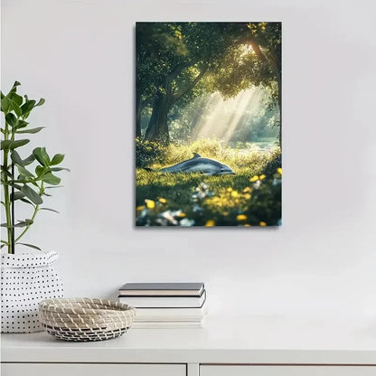 Dreamlike Dolphin Rolling on Grass in Sunlit Painting 40x60cm Metal Print Ready to Hang