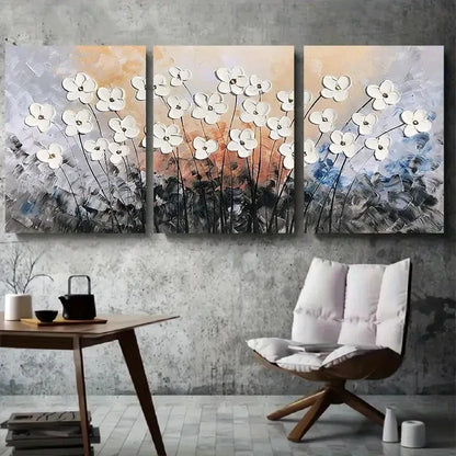 3pcs White Accent Floral Modern Textured Metal Print Ready to Hang Art