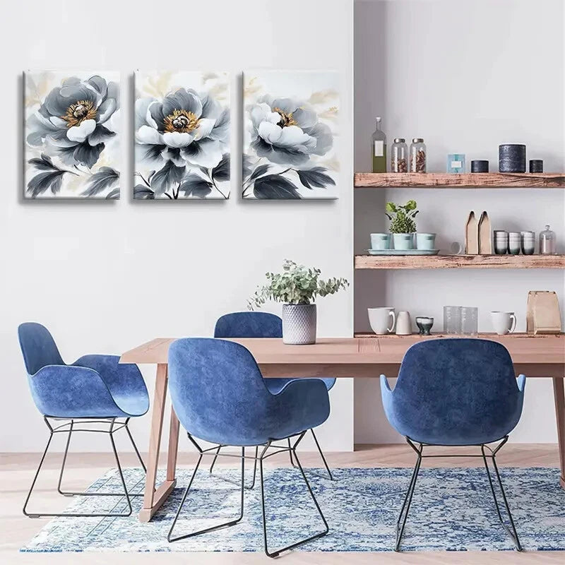 3pcs Elegant Peony Floral White and Golden Metal Print Ready to Hang Art