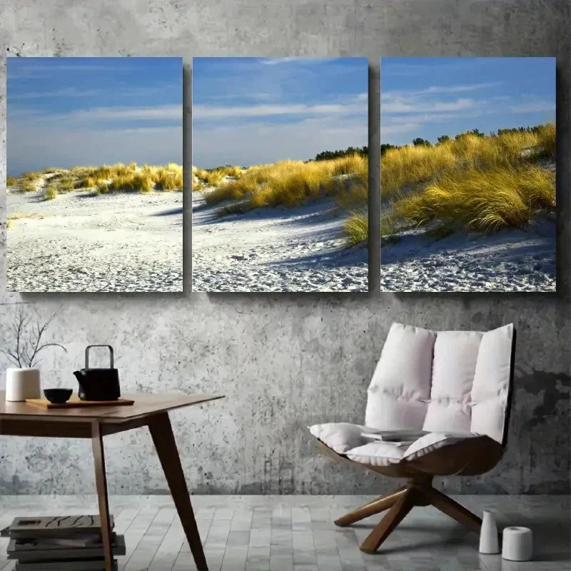 3pcs Sunlit Sand Beach Clear Sky Metal Print Ready to Hang Art