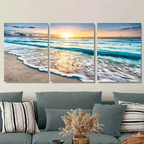 3pcs Beach Sunset Vibrant Sunset & Waves Wall Art Set Canvas Unframed - High Quality Print 100% Australian Made Wall Canvas