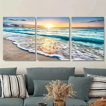 3pcs Beach Sunset Vibrant Sunset & Waves Wall Art Set Canvas Unframed - High Quality Print 100% Australian Made Wall Canvas