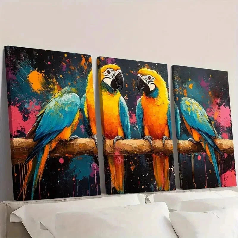 3pcs Colorful parrots Abstract Painting Wall Art Set Canvas Framed 40x60cm - High Quality Print 100% Australian Made Wall Canvas Ready to Hang