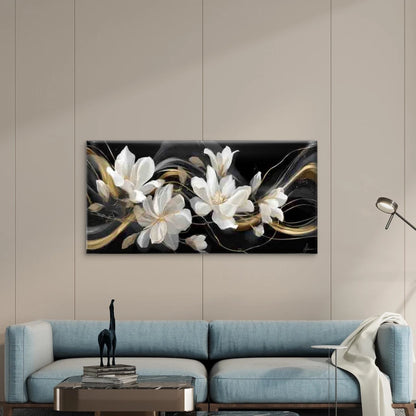 White & Golden Leaf Flower Wall Art Canvas Office Home Room Framed 120x60cm