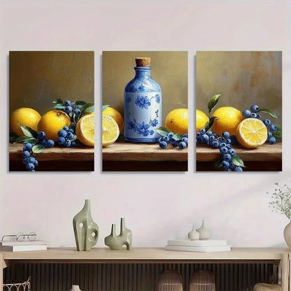 3pcs Blue and White Bottle & Lemon Metal Print Ready to Hang Art