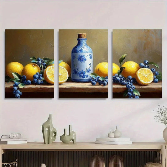 3pcs Blue and White Bottle & Lemon Metal Print Ready to Hang Art