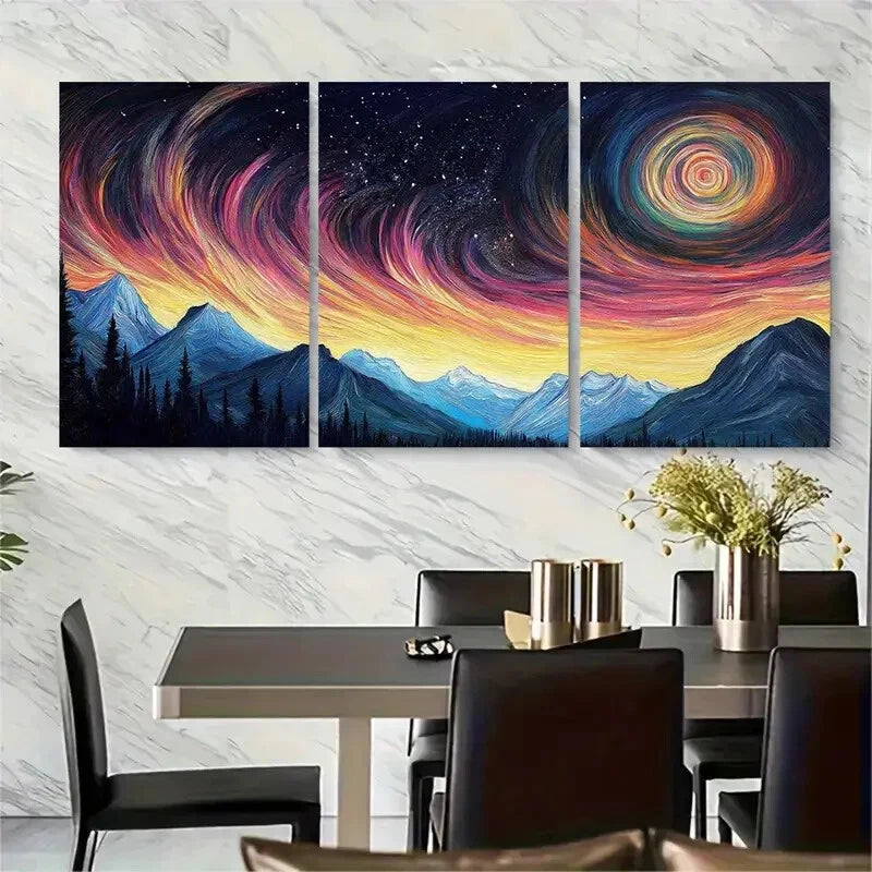 3pcs Starry Sky Over Rugged Mountains Metal Print Ready to Hang Art