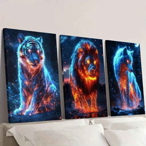 3pcs Burning Tiger Lion and Wolf Illustration Wall Art Canvas Unframed - High Quality Print 100% Australian Made Wall Canvas