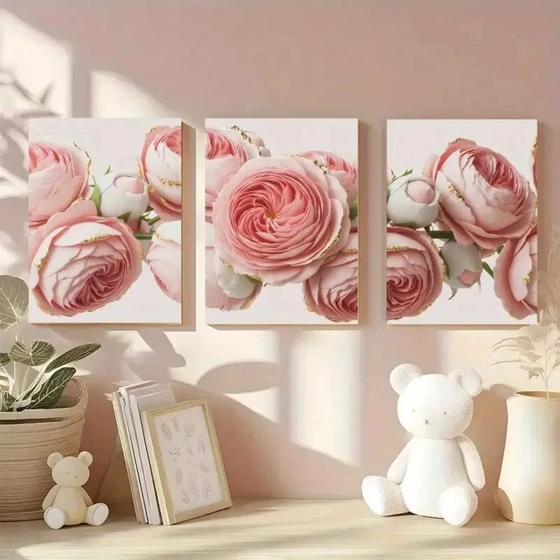3pcs Artwork Pink Rose Floral Decor Metal Print Ready to Hang Art