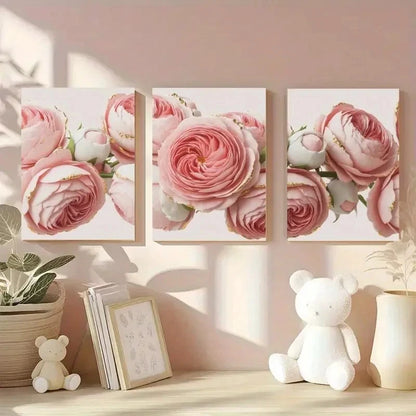 3pcs Artwork Pink Rose Floral Decor Metal Print Ready to Hang Art