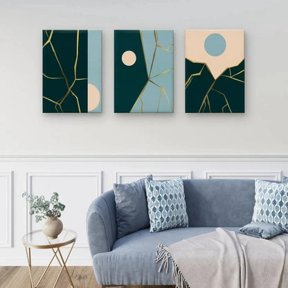 3pcs Japanese Art Inspired Gold and Colour Blue Wall Art Set Canvas Framed 40x60cm - High Quality Print 100% Australian Made Wall Canvas Ready to Hang