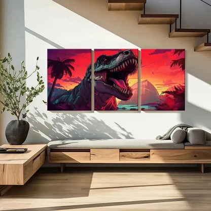 3pcs Vibrant T-Rex & Prehistoric Jungle Scene Wall Art Set Canvas Framed 40x60cm - High Quality Print 100% Australian Made Wall Canvas Ready to Hang